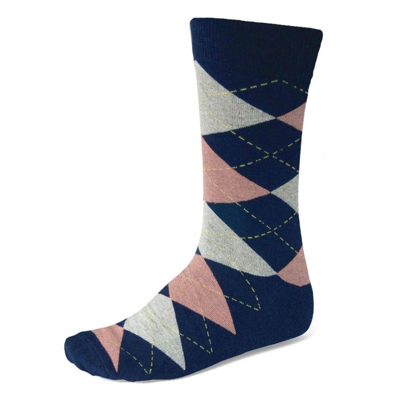 tiemart Men's Socks, One Pair (Navy Blue and Blush Pink Argyle) - Image 1